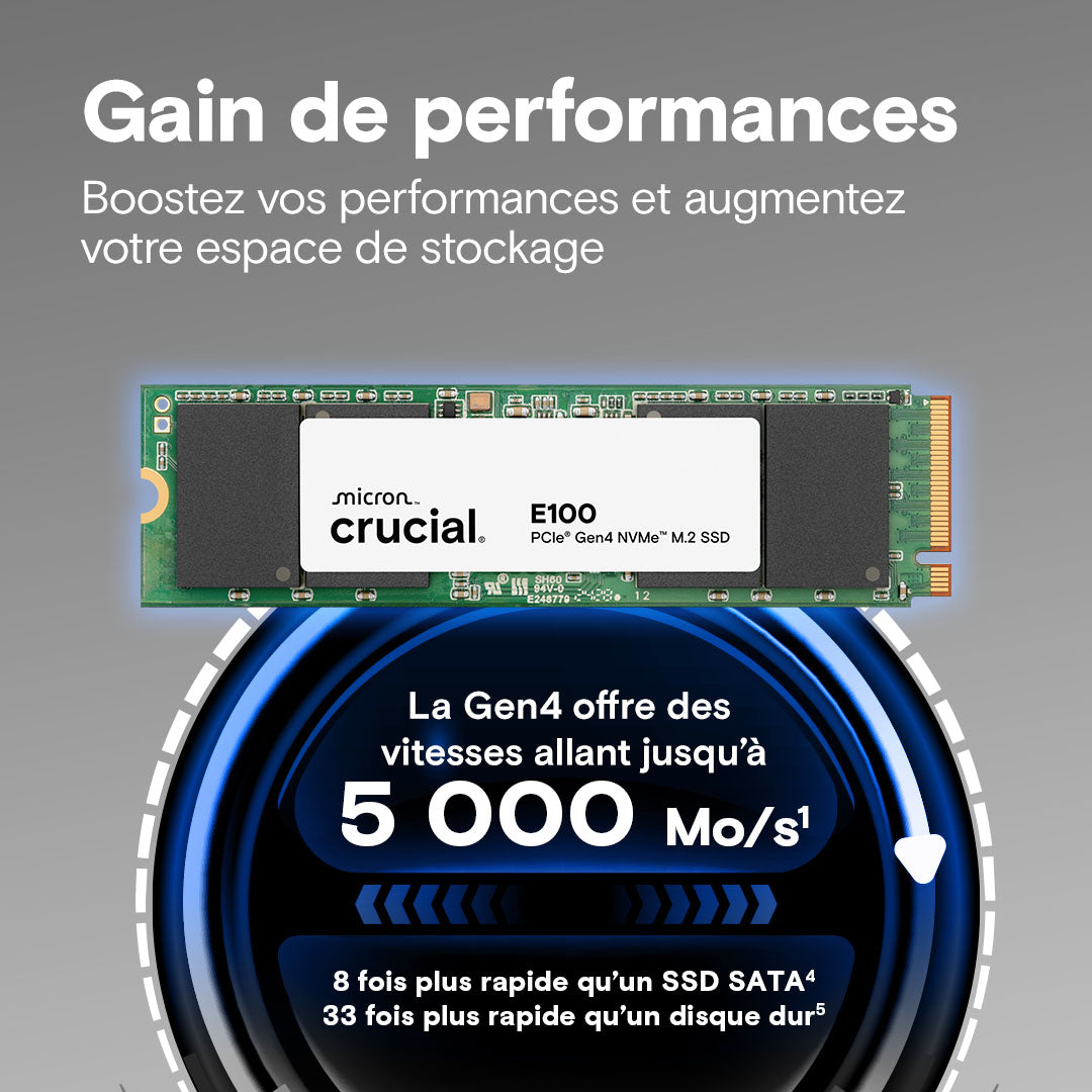 Crucial - M.2 NVMe E100 (Bulk) - 480Go / 1To