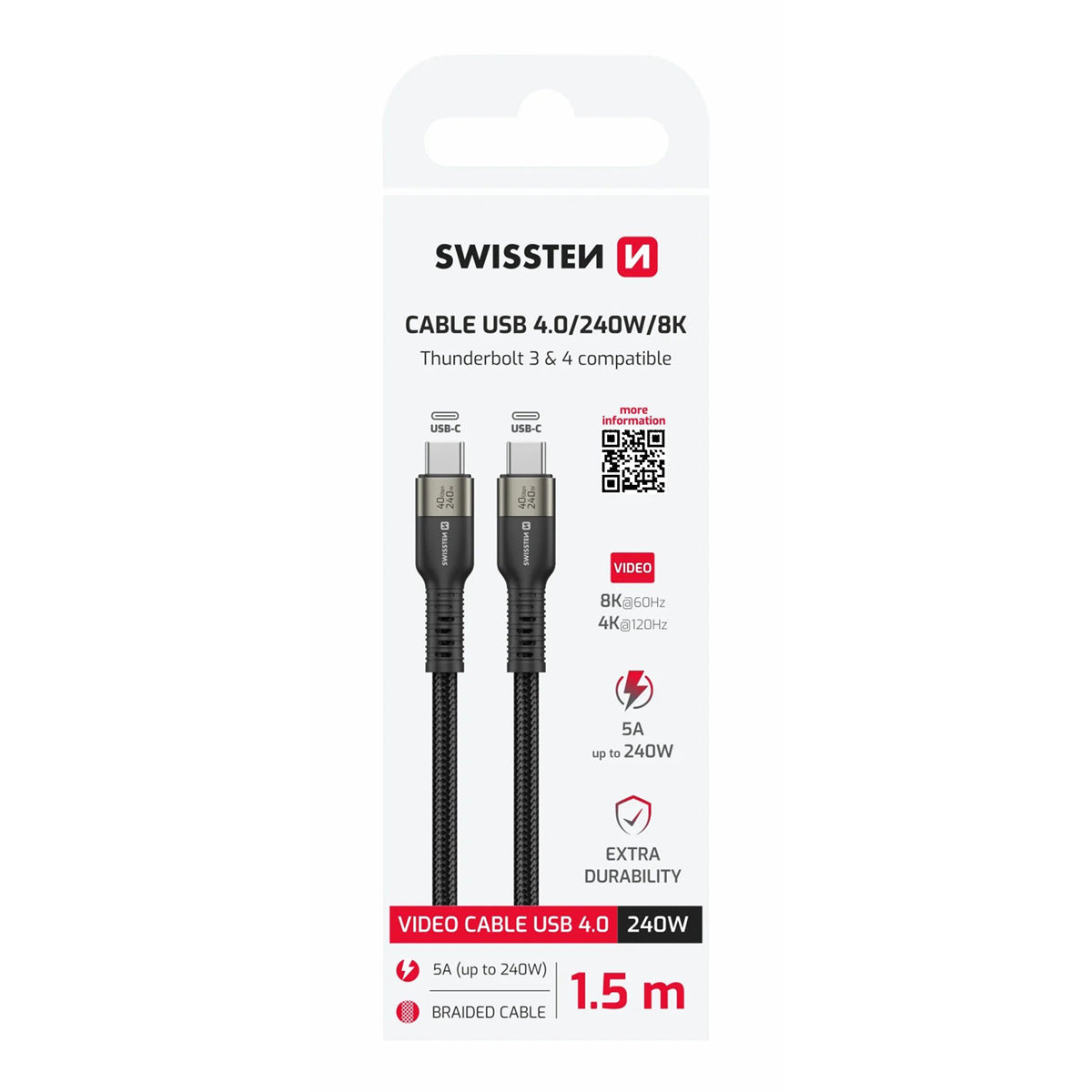 Swissten - Câble USB-C 4.0 / 240W/ 8K/ Thunderbolt 4 - 1.5m