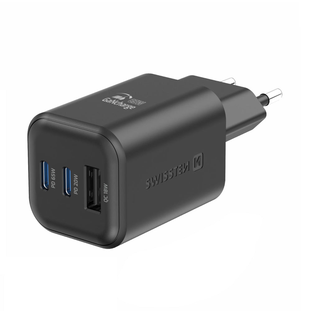 Swissten - Chargeur rapide GaN - 2x USB-C PowerDelivery 65W + USB-A 18W