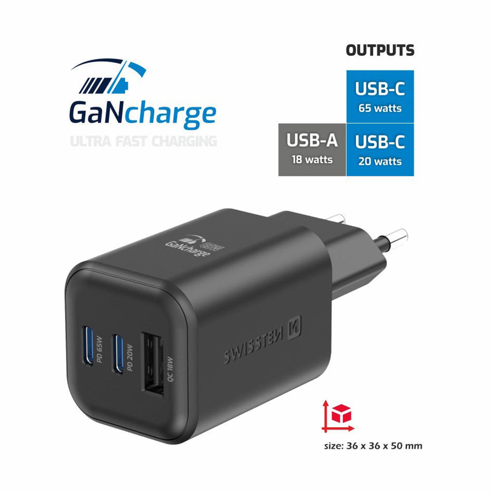Swissten - Chargeur rapide GaN - 2x USB-C PowerDelivery 65W + USB-A 18W