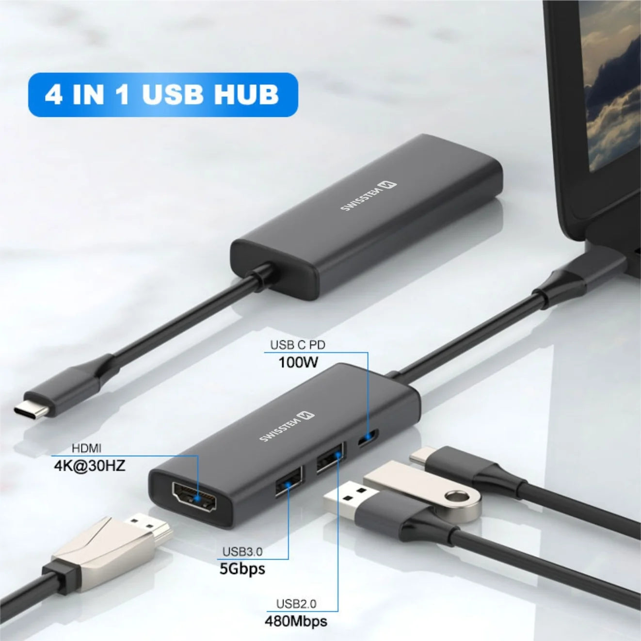 Swissten - Hub USB-C 4 en 1