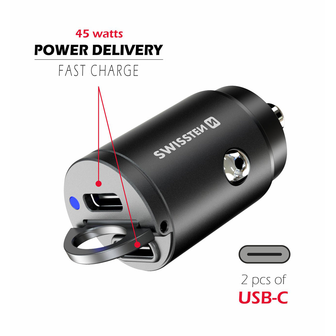 Swissten - Chargeur allume-cigare double USB-C - 45W