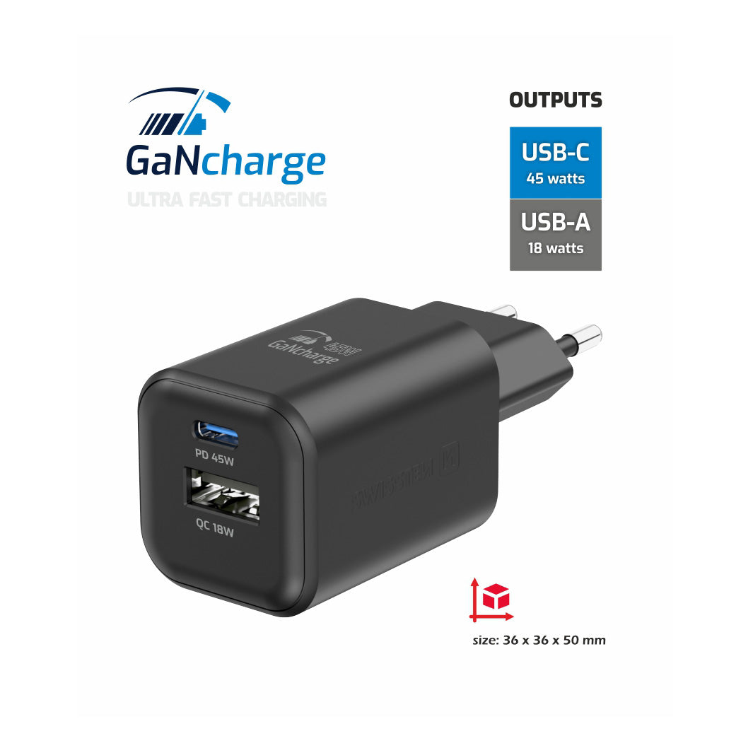 Swissten - Chargeur GaN - USB-C + USB-A - 45W