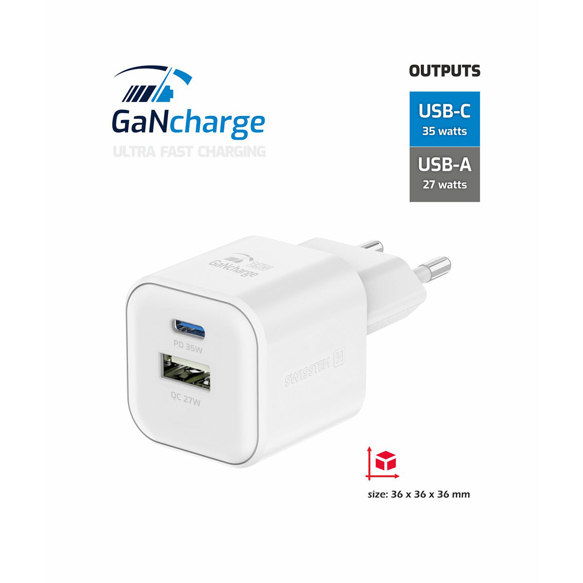Swissten - Chargeur rapide GaN - QC + PD 35W