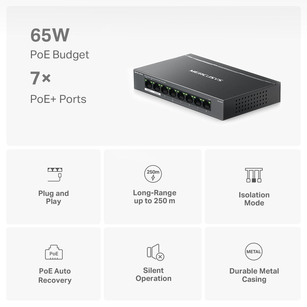 Mercusys - MS108GP - Switch 8 ports Gigabit(dont 7 ports PoE+)