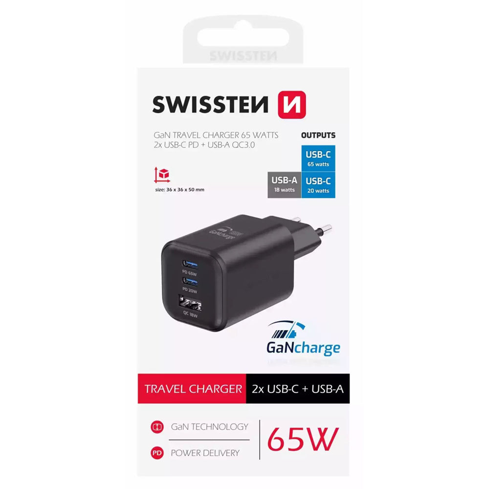 Swissten - Chargeur rapide GaN - 2x USB-C PowerDelivery 65W + USB-A 18W
