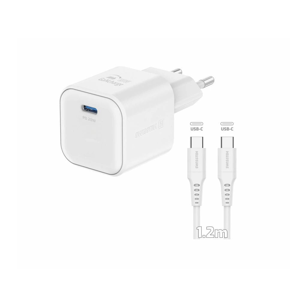 Swissten - Chargeur rapide GaN - PowerDelivery 20W + Câble USB-C Data 1.2m