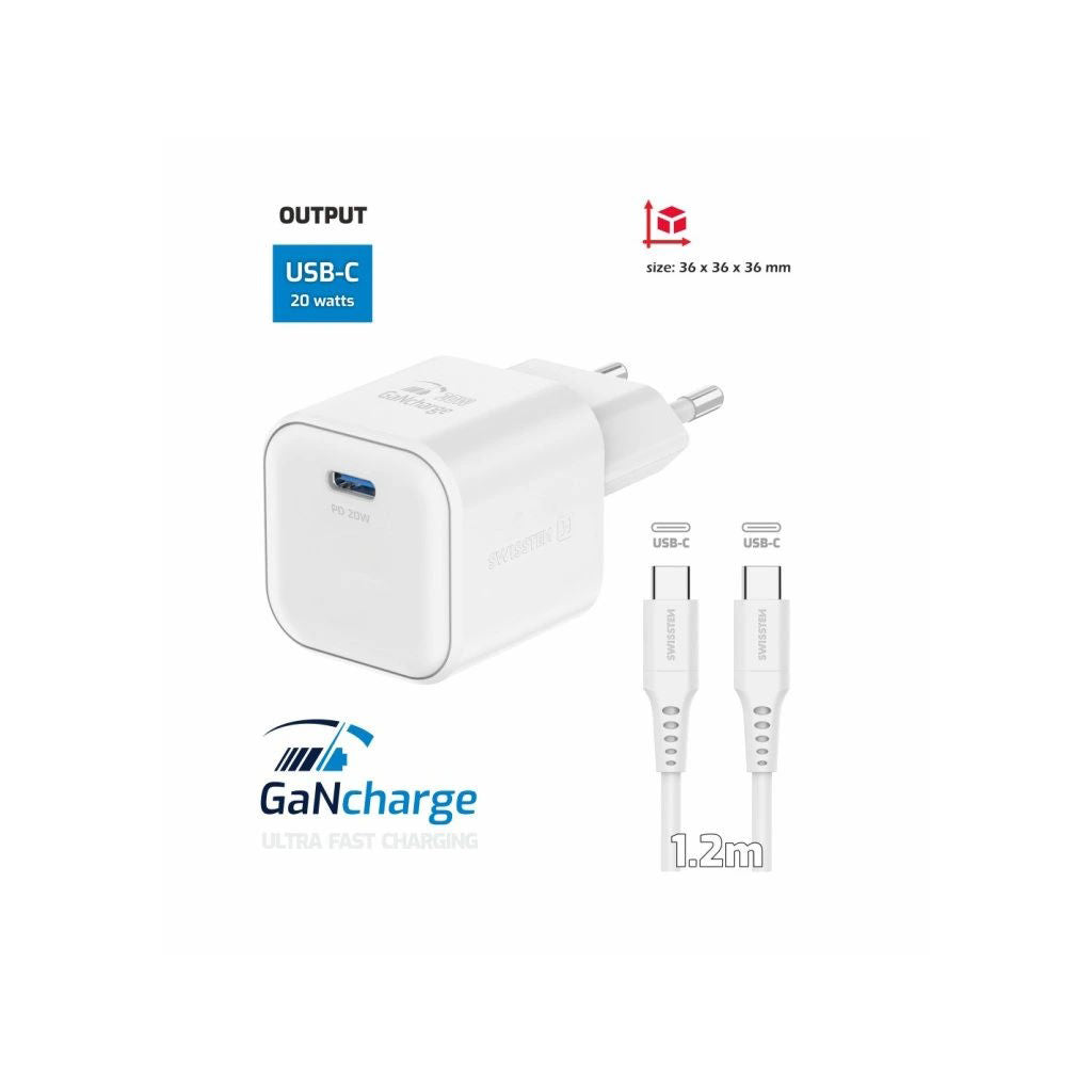 Swissten - Chargeur rapide GaN - PowerDelivery 20W + Câble USB-C Data 1.2m