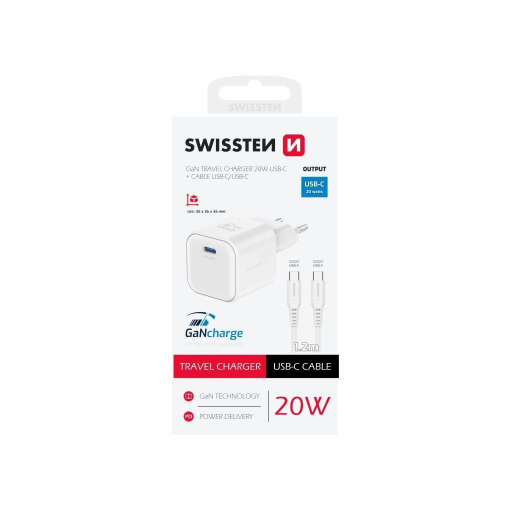 Swissten - Chargeur rapide GaN - PowerDelivery 20W + Câble USB-C Data 1.2m