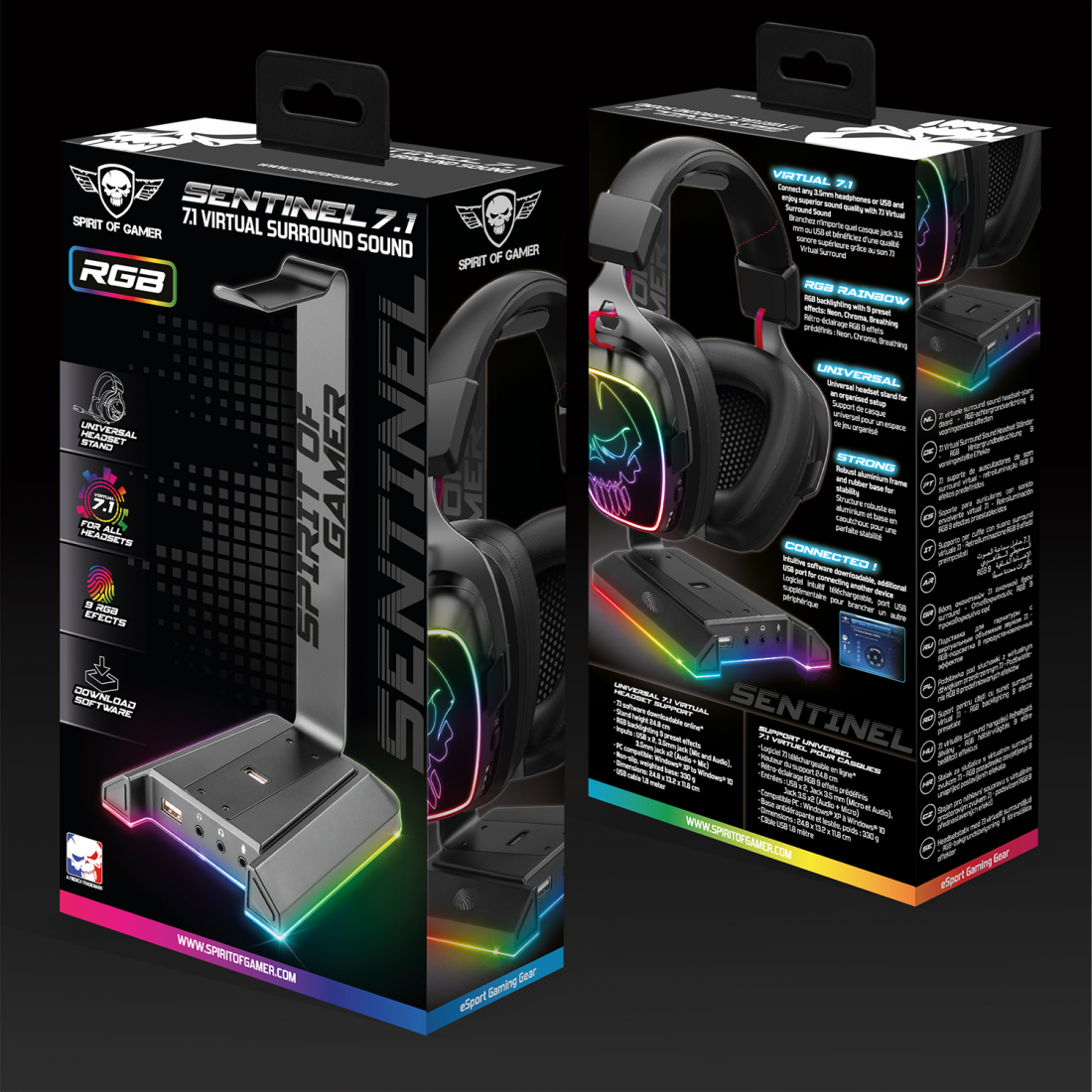 Spirit of Gamer - Support de casque universel RGB avec carte Son 7.1 virtuel - Sentinel 7.1