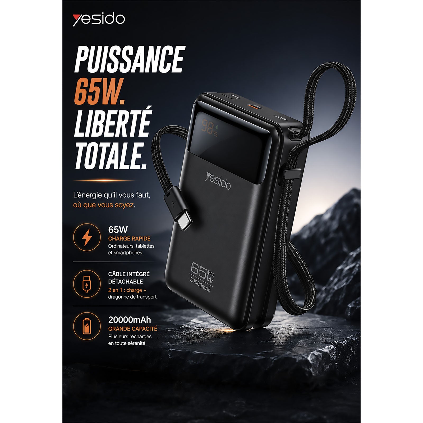 Yesido - YP97 - Batterie externe 20 000 mAh / 65W PD
