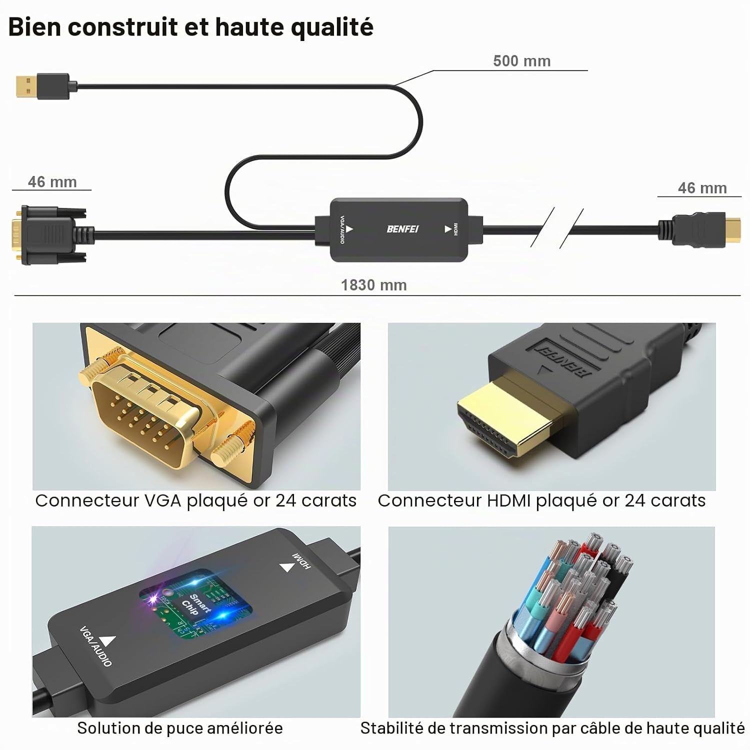 Générique - Cable adaptateur VGA vers HDMI - 1,80m