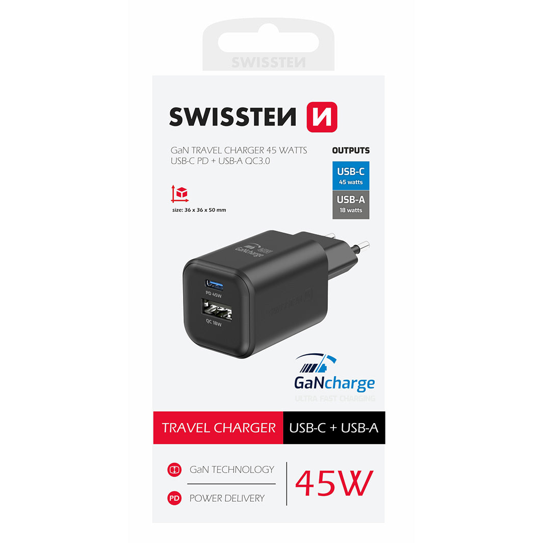 Swissten - Chargeur GaN - USB-C + USB-A - 45W