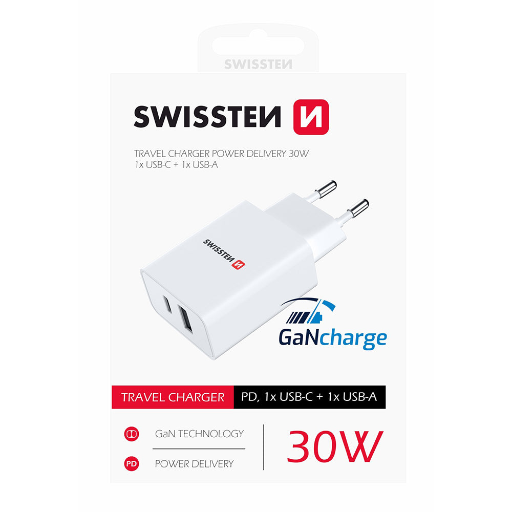 Swissten - Chargeur rapide double USB (USB-C + USB-A) 30W