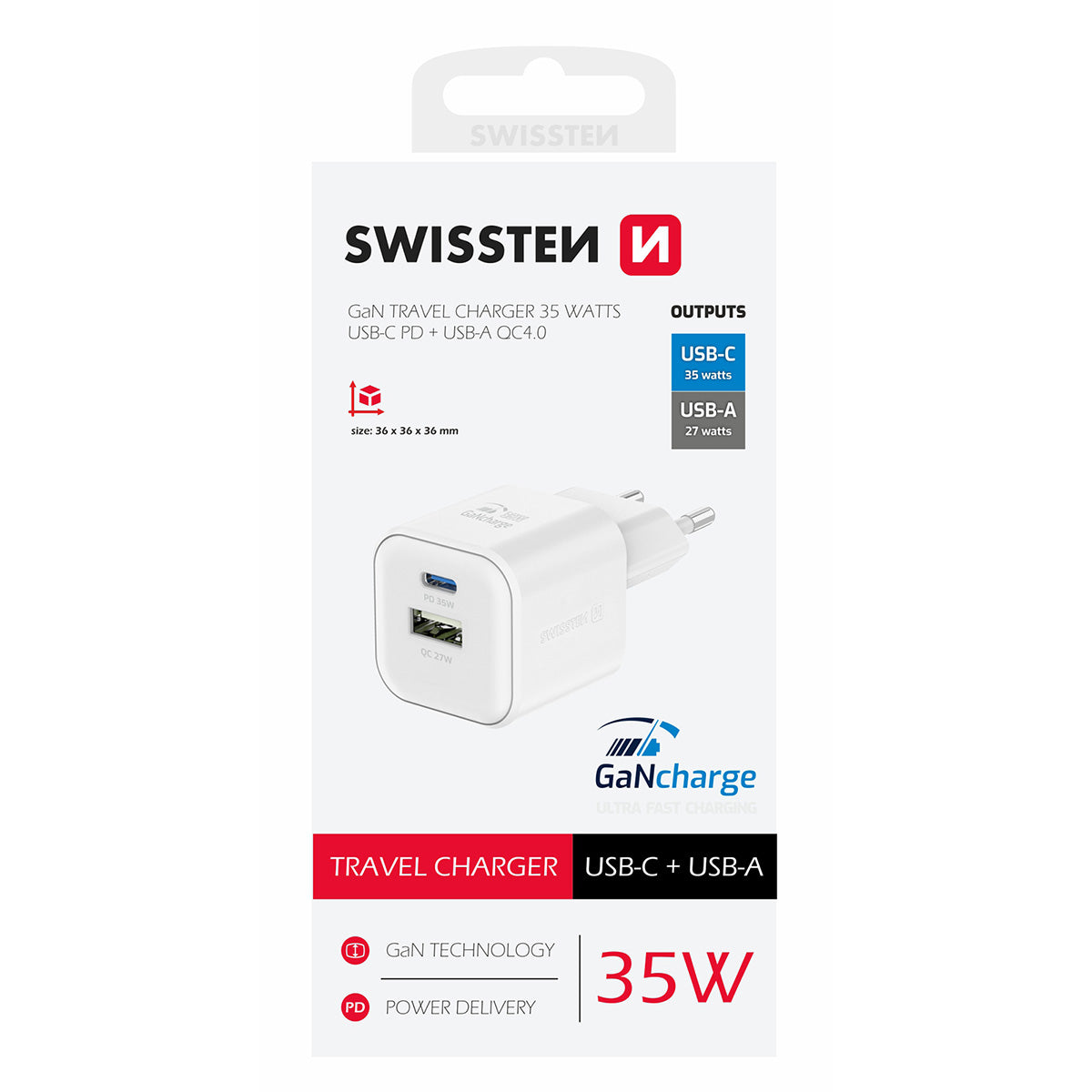 Swissten - Chargeur rapide GaN - QC + PD 35W